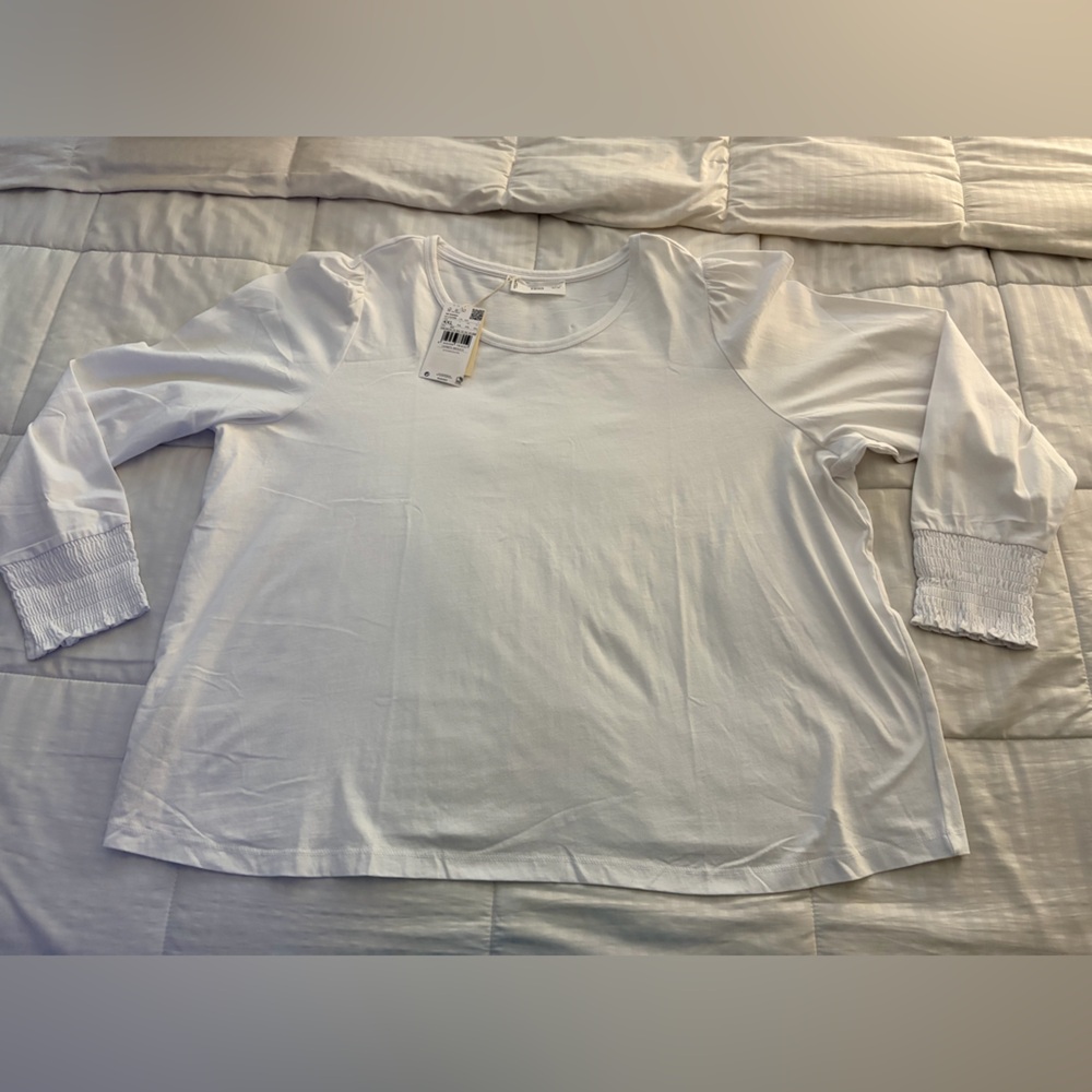 Mango White Scoop Neck Long Sleeve Top